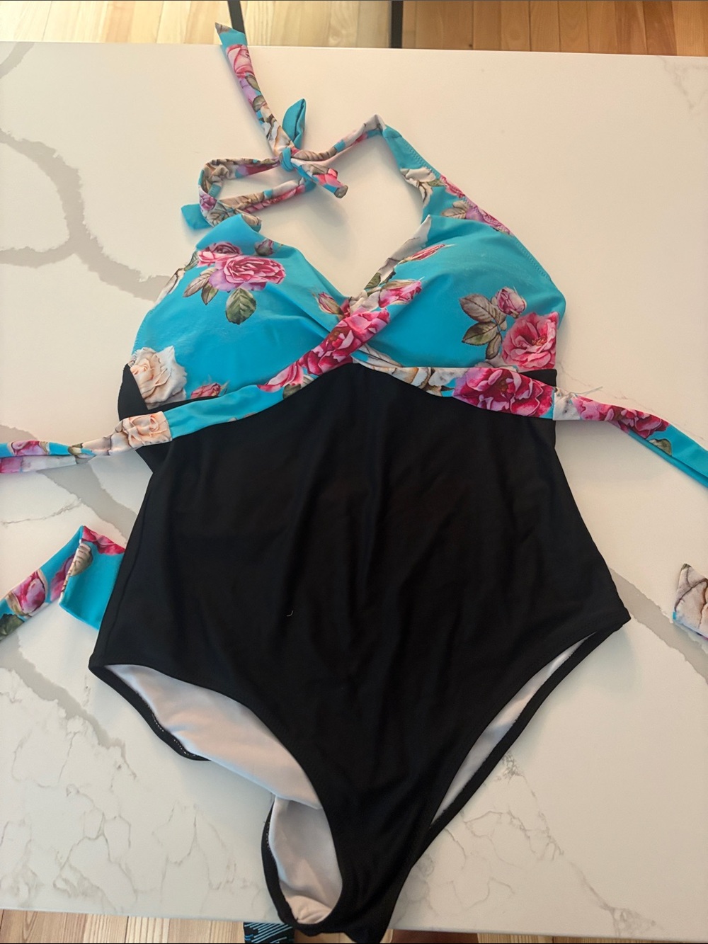 Cupshe Turquoise Floral & Black One-Piece Swimsuit